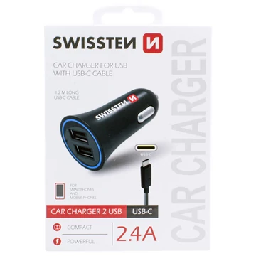 Szivargyújtó dugó 2xUSB adapter gyorstöltõ + 1,2m USB-C Kábel - 2400mA - 12/24V