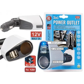 Szivargyújtó elosztó aljzat+2 USB 12V 3 in 1