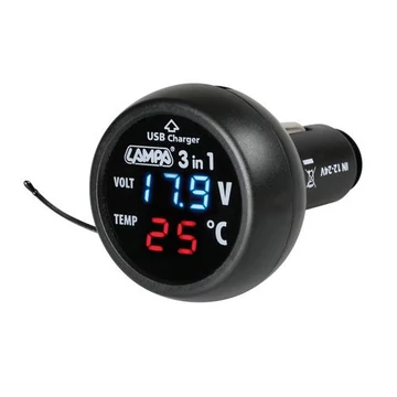 Digitális voltmérõ/Hõmérõ szivargyújtós 12/24V USB csatlakozással 5V 2100mA