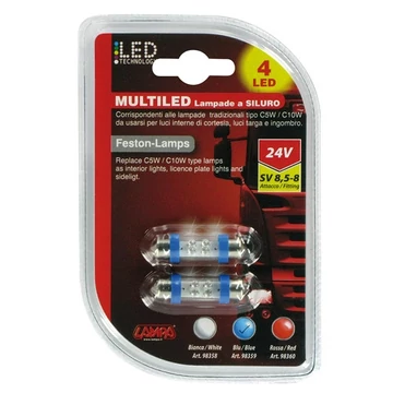 Izzó ledes 24V 5W 4LED szoffita kék 11x38mm