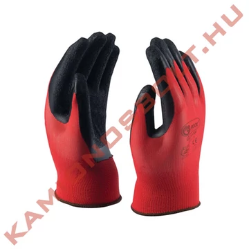 Munkakesztyű poliészter kesztyű,piros-fekete gyűrött latex tenyérmártással